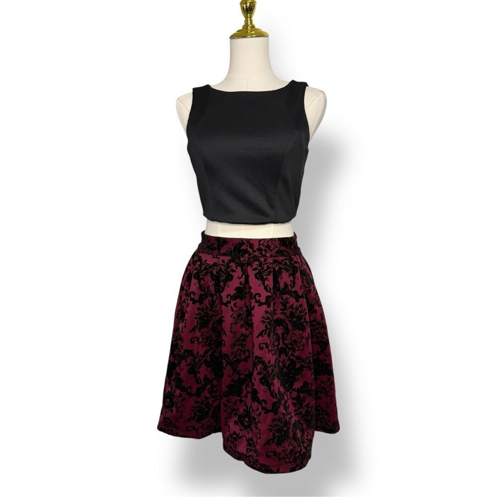Emerald Sundae‎ Juniors 7 Two Piece Connected Mini Dress Velvet Burgundy Black